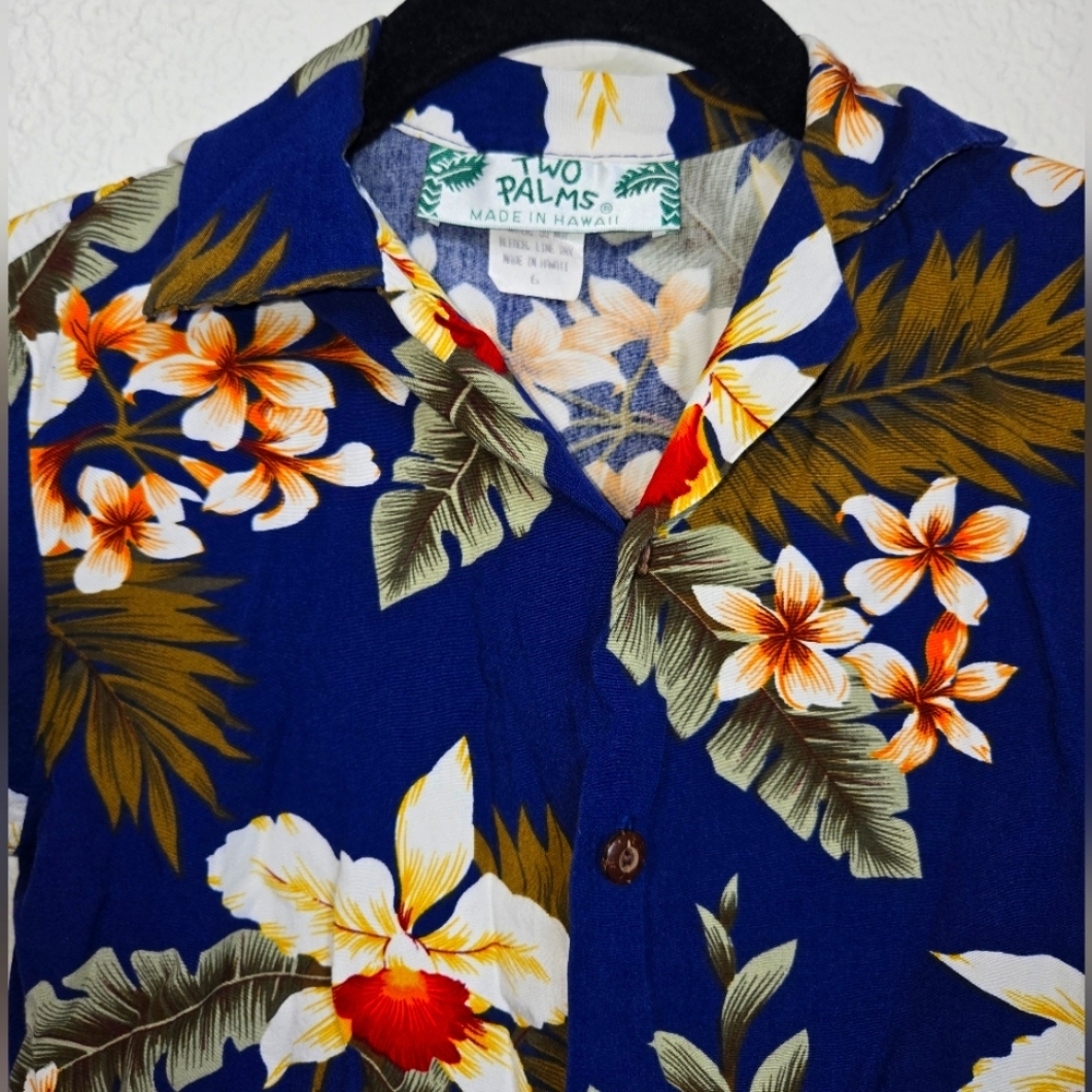 Two Palms for boys in navy blue rayon and Hawaiian orchid